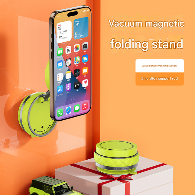 White Foldable Magnetic Phone Holder with Vacuum Suction - Multi-Angle Adjustable Zinc Alloy Desktop Phone Stand - Portable & Stable for Desk, Car & Multi-Scenario Use.