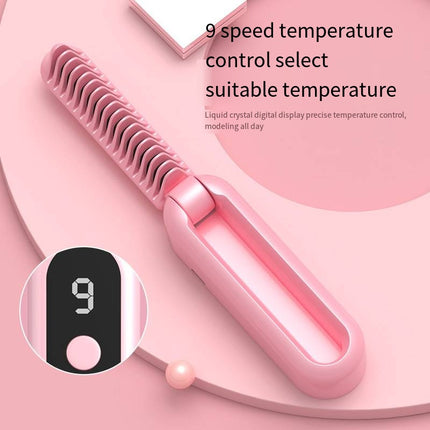 Beige Portable Foldable Cordless Hair Straightener Comb - 2-in-1 Ionic Styling for Smooth, Frizz-Free Hair.