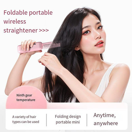 Beige Portable Foldable Cordless Hair Straightener Comb - 2-in-1 Ionic Styling for Smooth, Frizz-Free Hair.