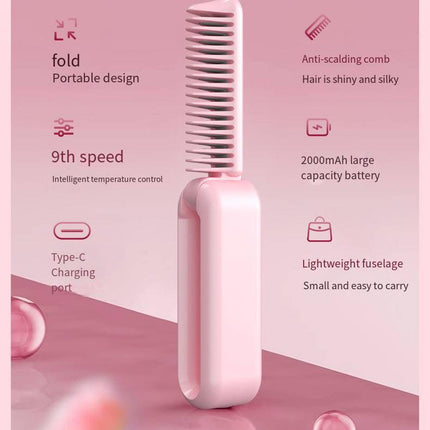 Beige Portable Foldable Cordless Hair Straightener Comb - 2-in-1 Ionic Styling for Smooth, Frizz-Free Hair.