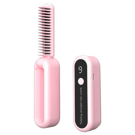 Pink Portable Foldable Cordless Hair Straightener Comb - 2-in-1 Ionic Styling for Smooth, Frizz-Free Hair.
