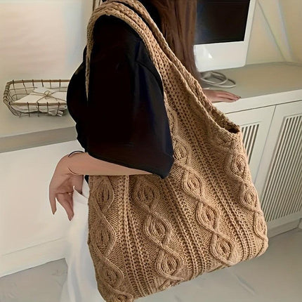 Khaki twist Bohemian Knit Shoulder Bag - Hand-Woven Crochet Tote for Women.