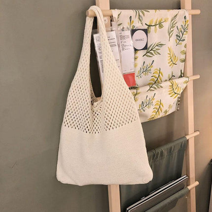 Beige splicing Bohemian Knit Shoulder Bag - Hand-Woven Crochet Tote for Women.