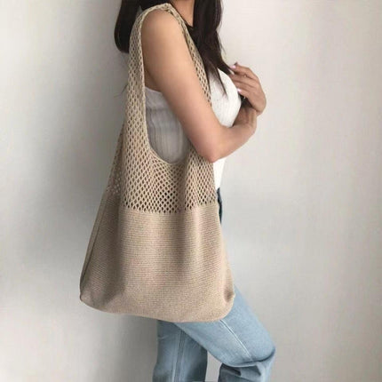Shallow khaki patchwork Bohemian Knit Shoulder Bag - Hand-Woven Crochet Tote for Women.