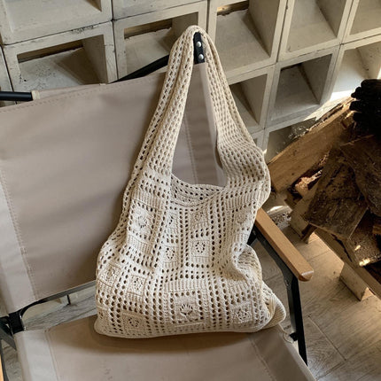Beige square Bohemian Knit Shoulder Bag - Hand-Woven Crochet Tote for Women.