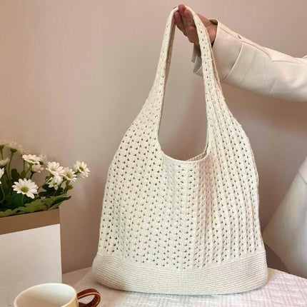 Beige honeycomb holes Bohemian Knit Shoulder Bag - Hand-Woven Crochet Tote for Women.
