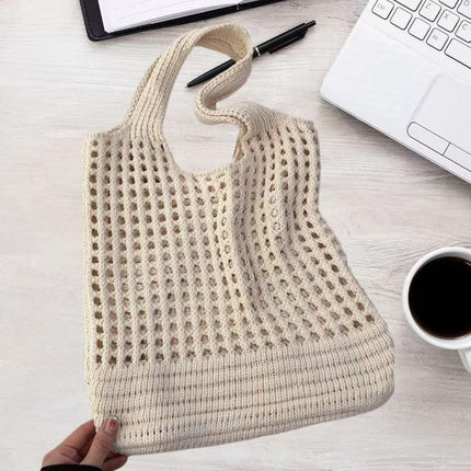 Beige large holes Bohemian Knit Shoulder Bag - Hand-Woven Crochet Tote for Women.
