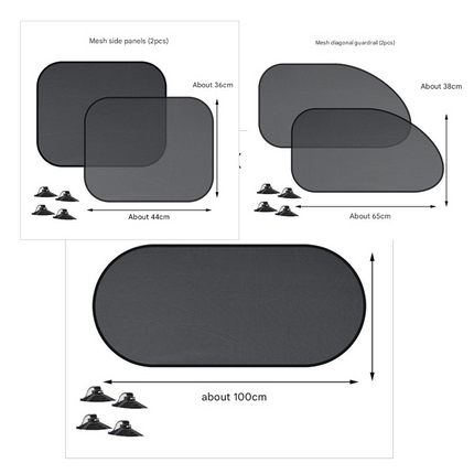 Black Universal Car Window Sun Shade Set - Mesh Fabric UV Protection(One solid rear panel + two angled panels + two solid side panels).