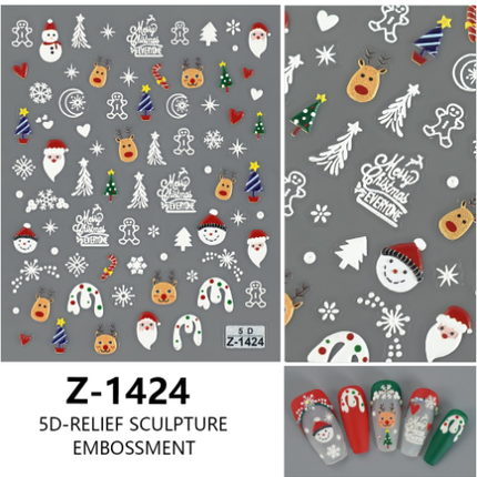 4PCS 5D Embossed Christmas Nail Art Stickers - Santa, Snowman, Reindeer & Snowflake Designs for Festive Manicures(Z-1424).