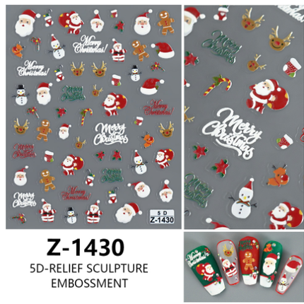 4PCS 5D Embossed Christmas Nail Art Stickers - Santa, Snowman, Reindeer & Snowflake Designs for Festive Manicures(Z-1430).