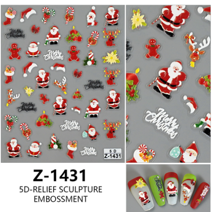 4PCS 5D Embossed Christmas Nail Art Stickers - Santa, Snowman, Reindeer & Snowflake Designs for Festive Manicures(Z-1431).