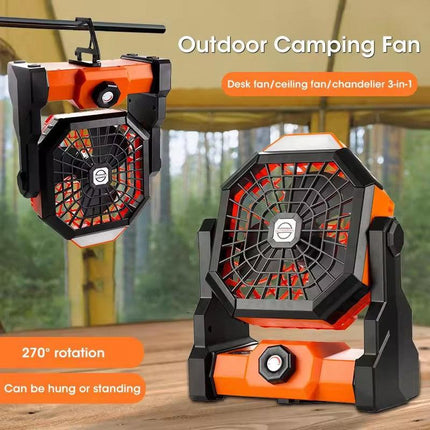 Black Portable Outdoor Camping Fan with LED Light - Rechargeable USB Tent Fan for Australia.
