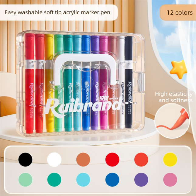 12 Colors Ruibrand Kids Washable Acrylic Markers Set - Non-Toxic, Blendable Art Pens for Students & Artists.