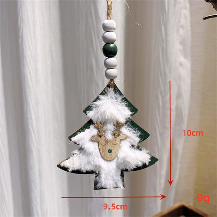 3-PCS Green wood chip trees Christmas Ornaments Hanging Pendants Nordic Style Gnomes and Reindeer with Faux Fur and Beads for Xmas Tree Home Party Decoration.