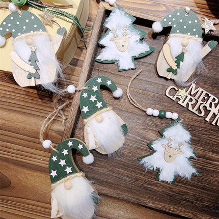 3-PCS Green wood chip trees Christmas Ornaments Hanging Pendants Nordic Style Gnomes and Reindeer with Faux Fur and Beads for Xmas Tree Home Party Decoration.