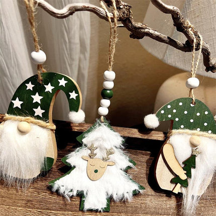 3-PCS Old Man with Green Stars Christmas Ornaments Hanging Pendants Nordic Style Gnomes and Reindeer with Faux Fur and Beads for Xmas Tree Home Party Decoration.