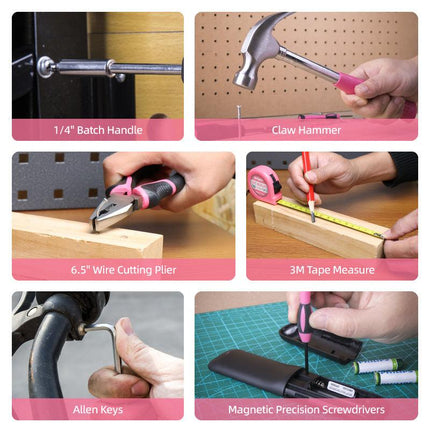 Pink 42 Piece Home Tool Set with 4V Cordless Electric Screwdriver Kit for DIY Repairs and General Household Maintenance Portable Storage Case.