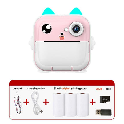 Pink cat Kids Instant Print Camera Zero Ink Digital Video Recorder with 32GB Card and 3 Paper Rolls Portable Rechargeable Toy Gift.