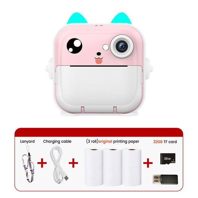 Pink cat Kids Instant Print Camera Zero Ink Digital Video Recorder with 32GB Card and 3 Paper Rolls Portable Rechargeable Toy Gift.