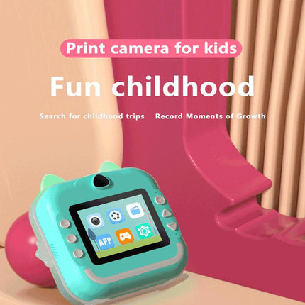 Pink cat Kids Instant Print Camera Zero Ink Digital Video Recorder with 32GB Card and 3 Paper Rolls Portable Rechargeable Toy Gift.