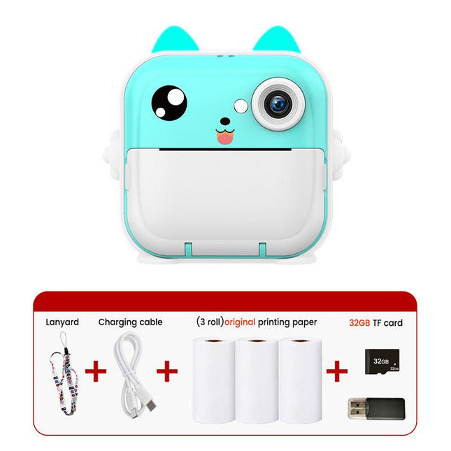 Blue cat Kids Instant Print Camera Zero Ink Digital Video Recorder with 32GB Card and 3 Paper Rolls Portable Rechargeable Toy Gift.