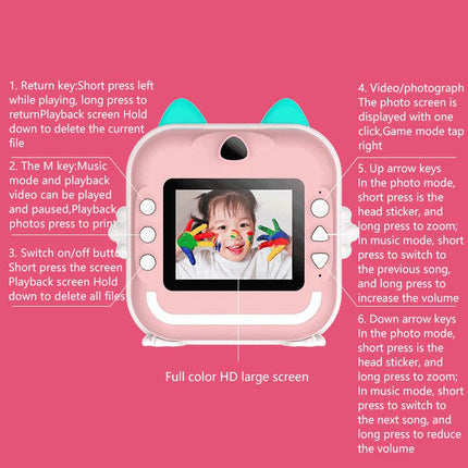 Blue cat Kids Instant Print Camera Zero Ink Digital Video Recorder with 32GB Card and 3 Paper Rolls Portable Rechargeable Toy Gift.