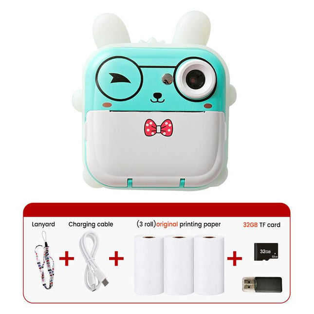Blue rabbit Kids Instant Print Camera Zero Ink Digital Video Recorder with 32GB Card and 3 Paper Rolls Portable Rechargeable Toy Gift.