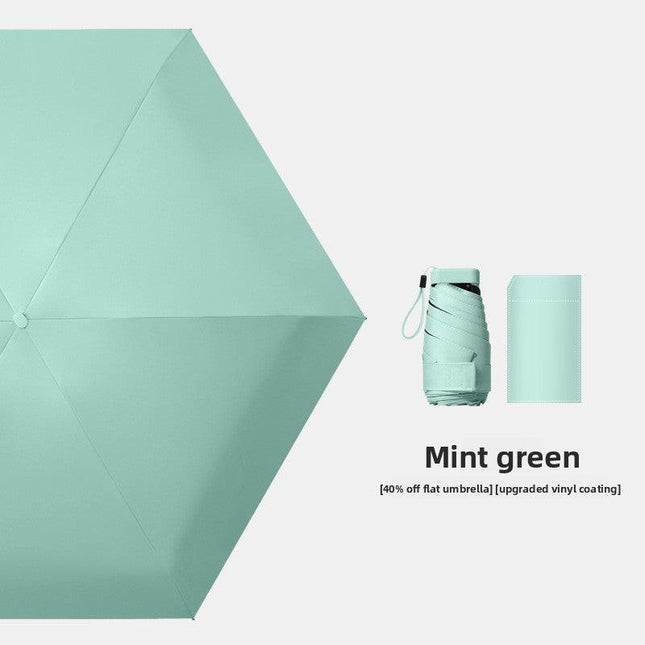 Mint green Compact Mini Travel Umbrella UPF50+ UV Protection Waterproof 6-Fold Flat Design Lightweight Sun & Rain Parasol for Handbag.