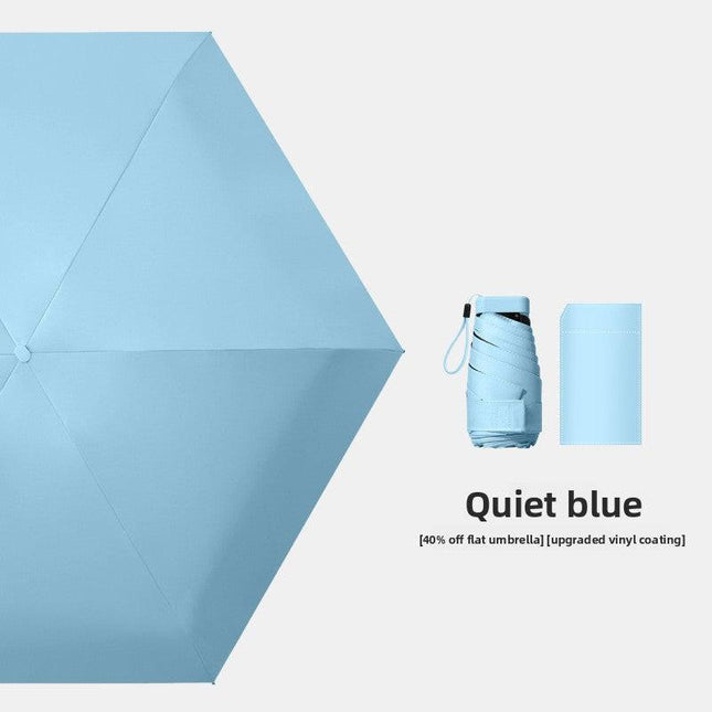 Quiet Blue Compact Mini Travel Umbrella UPF50+ UV Protection Waterproof 6-Fold Flat Design Lightweight Sun & Rain Parasol for Handbag.