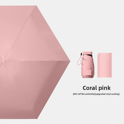 Coral pink Compact Mini Travel Umbrella UPF50+ UV Protection Waterproof 6-Fold Flat Design Lightweight Sun & Rain Parasol for Handbag.
