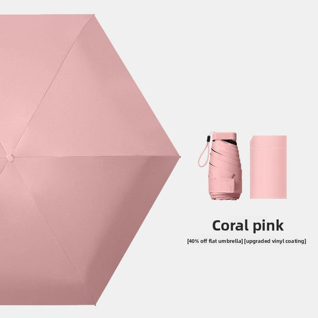 Coral pink Compact Mini Travel Umbrella UPF50+ UV Protection Waterproof 6-Fold Flat Design Lightweight Sun & Rain Parasol for Handbag.