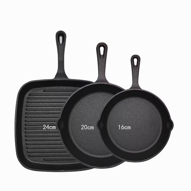 Three-piece set Heavy Duty Cast Iron Skillet & Grill Pan Thickened Vintage Style Cookware for Steak Breakfast & Camping.