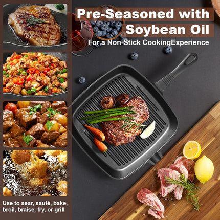 Three-piece set Heavy Duty Cast Iron Skillet & Grill Pan Thickened Vintage Style Cookware for Steak Breakfast & Camping.