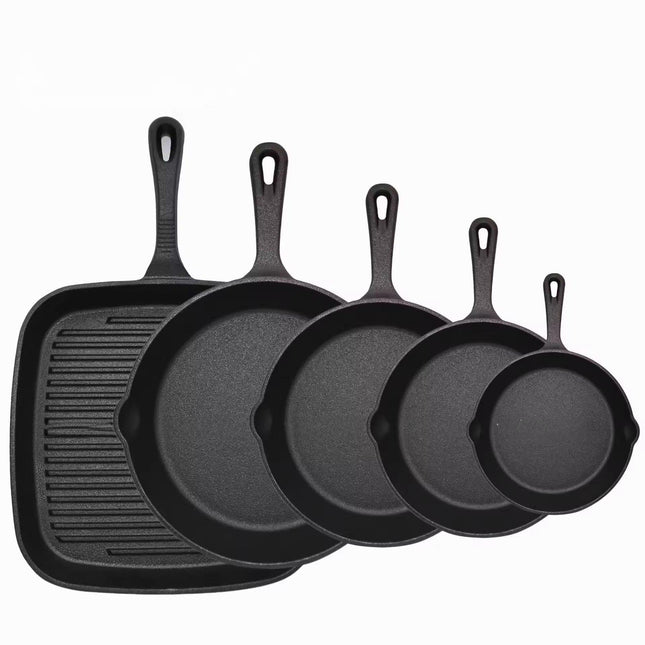 Five-piece set Heavy Duty Cast Iron Skillet & Grill Pan Thickened Vintage Style Cookware for Steak Breakfast & Camping.