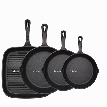 Four-piece set Heavy Duty Cast Iron Skillet & Grill Pan Thickened Vintage Style Cookware for Steak Breakfast & Camping.