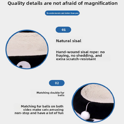 Oval-shaped black coal balls Large Cat Scratcher Bed 2 in 1 Sisal Scratching Pad & Plush Lounge Nest Durable Claw Grinder Mat for Indoor Cats.