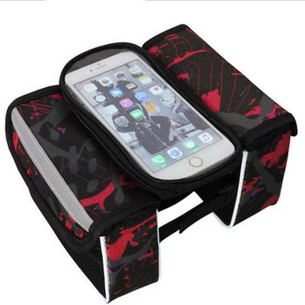 Red Bicycle Top Tube Frame Bag with Detachable Touch Screen Phone Holder Waterproof Double Pouch Cycling Saddle Bag for Mountain Bikes.