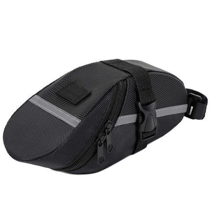 Black Water Resistant Bicycle Saddle Bag Under Seat Wedge Pack with Reflective Strip and Quick Release Strap for MTB Road Bikes.