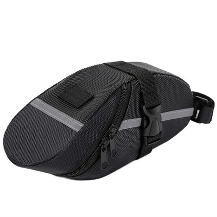 Black Water Resistant Bicycle Saddle Bag Under Seat Wedge Pack with Reflective Strip and Quick Release Strap for MTB Road Bikes.