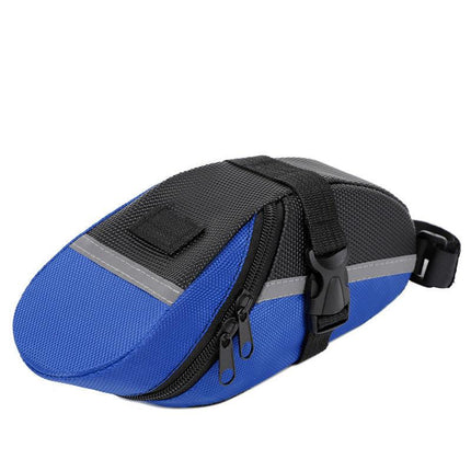 Blue Water Resistant Bicycle Saddle Bag Under Seat Wedge Pack with Reflective Strip and Quick Release Strap for MTB Road Bikes.