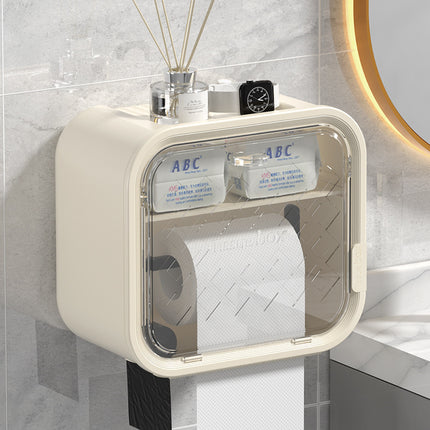 White Wall Mounted Dual Layer Bathroom Tissue Box Holder with Storage Drawer Waterproof Dispenser for Toilet Paper and Tissues.