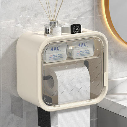 White Wall Mounted Dual Layer Bathroom Tissue Box Holder with Storage Drawer Waterproof Dispenser for Toilet Paper and Tissues.