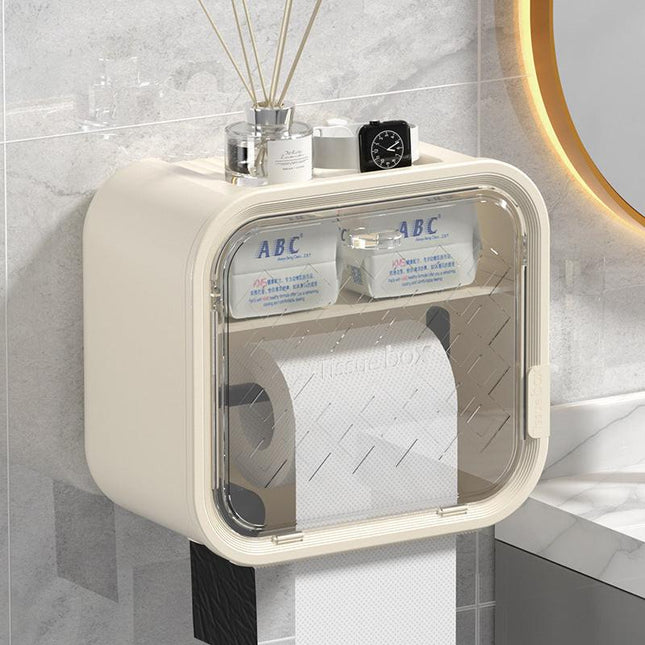White Wall Mounted Dual Layer Bathroom Tissue Box Holder with Storage Drawer Waterproof Dispenser for Toilet Paper and Tissues.