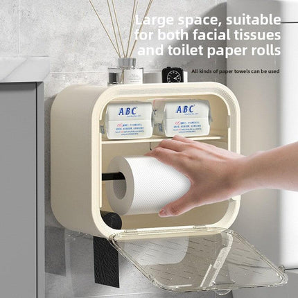 White Wall Mounted Dual Layer Bathroom Tissue Box Holder with Storage Drawer Waterproof Dispenser for Toilet Paper and Tissues.