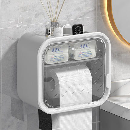 Grey Wall Mounted Dual Layer Bathroom Tissue Box Holder with Storage Drawer Waterproof Dispenser for Toilet Paper and Tissues.