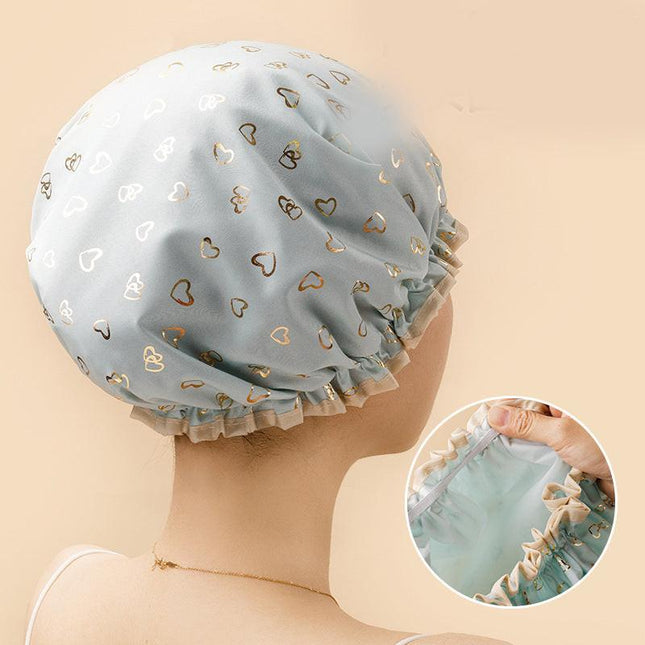 3 Pack Green Double Layer Shower Cap for Women Waterproof Bath Hair Cover Reusable Elastic Hat for Spa Salon and Home Use.
