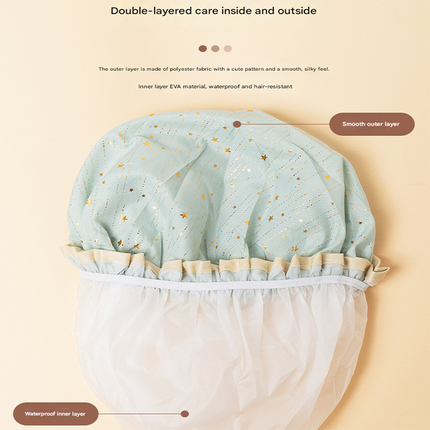 3 Pack The light green of the starry sky Double Layer Shower Cap for Women Waterproof Bath Hair Cover Reusable Elastic Hat for Spa Salon and Home Use.
