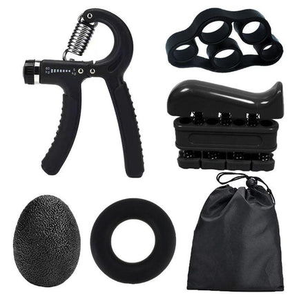Black 5 in 1 Hand Grip Strengthener Kit Adjustable Resistance Finger Stretcher Stress Relief Ball and Grip Ring for Rehabilitation and Muscle Building.