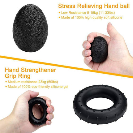 Black 5 in 1 Hand Grip Strengthener Kit Adjustable Resistance Finger Stretcher Stress Relief Ball and Grip Ring for Rehabilitation and Muscle Building.