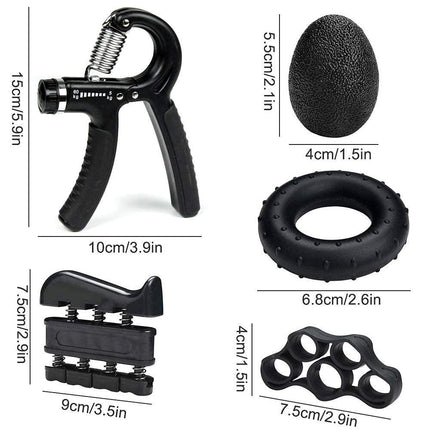 Black 5 in 1 Hand Grip Strengthener Kit Adjustable Resistance Finger Stretcher Stress Relief Ball and Grip Ring for Rehabilitation and Muscle Building.